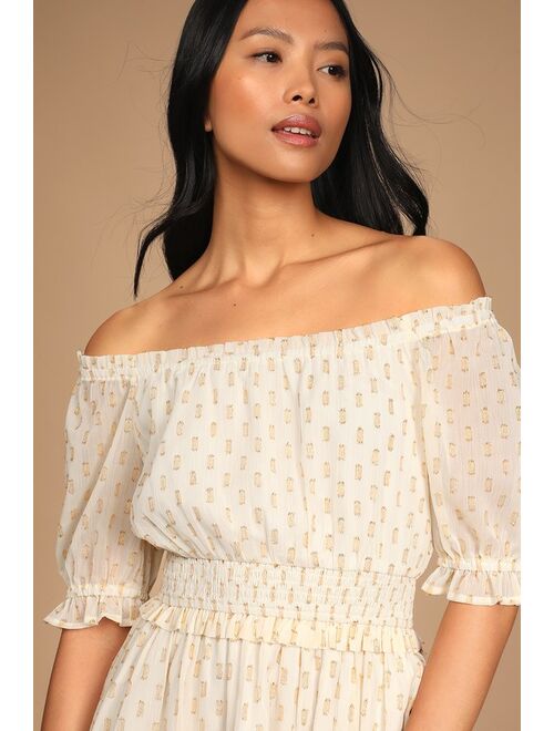 Lulus Touch of Glam White Dotted Off-the-Shoulder Valentine Mini Dress