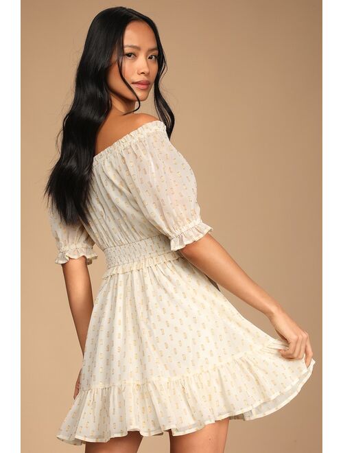 Lulus Touch of Glam White Dotted Off-the-Shoulder Valentine Mini Dress