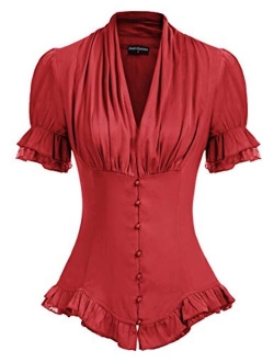 Women Victorian Short Sleeve Shirt Steampunk Lace Up Blouse