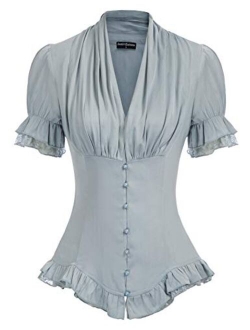 Women Victorian Short Sleeve Shirt Steampunk Lace Up Blouse