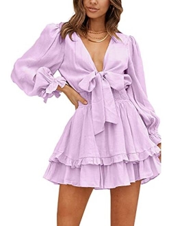 AlvaQ Womens Spring Summer Knot Front V Neck Ruffles Long Sleeve Floral Print Swing Mini Dress