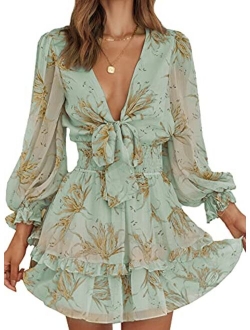 AlvaQ Womens Spring Summer Knot Front V Neck Ruffles Long Sleeve Floral Print Swing Mini Dress