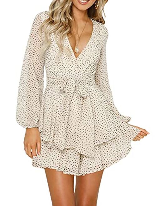 AlvaQ Womens Spring Summer Knot Front V Neck Ruffles Long Sleeve Floral Print Swing Mini Dress