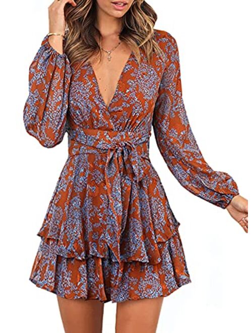 AlvaQ Womens Spring Summer Knot Front V Neck Ruffles Long Sleeve Floral Print Swing Mini Dress