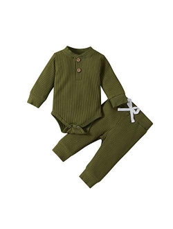 Ma&Baby Newborn Baby Boy Girl Clothes Ribbed Knitted Cotton Long Sleeve Romper Long Pants Solid Color Fall Winter Outfits