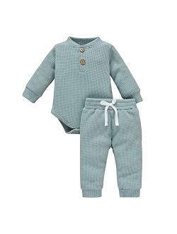 Ma&Baby Newborn Baby Boy Girl Clothes Ribbed Knitted Cotton Long Sleeve Romper Long Pants Solid Color Fall Winter Outfits