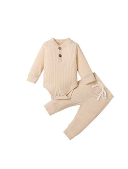 Ma&Baby Newborn Baby Boy Girl Clothes Ribbed Knitted Cotton Long Sleeve Romper Long Pants Solid Color Fall Winter Outfits