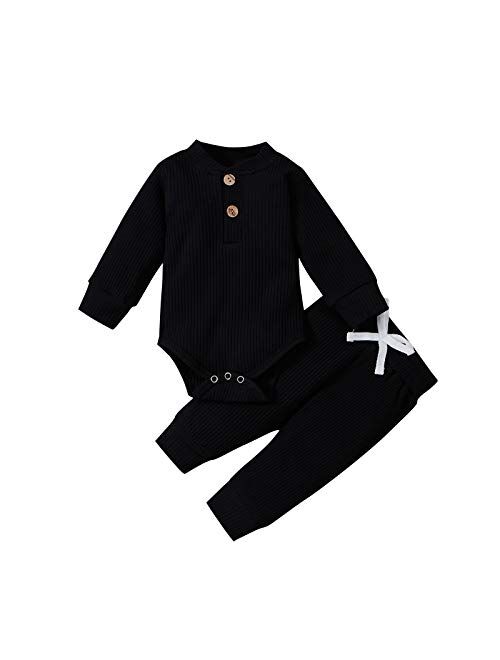 Ma&Baby Newborn Baby Boy Girl Clothes Ribbed Knitted Cotton Long Sleeve Romper Long Pants Solid Color Fall Winter Outfits