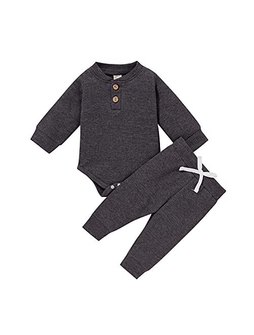 Ma&Baby Newborn Baby Boy Girl Clothes Ribbed Knitted Cotton Long Sleeve Romper Long Pants Solid Color Fall Winter Outfits