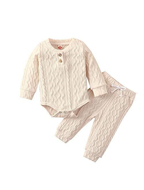 Ma&Baby Newborn Baby Boy Girl Clothes Ribbed Knitted Cotton Long Sleeve Romper Long Pants Solid Color Fall Winter Outfits