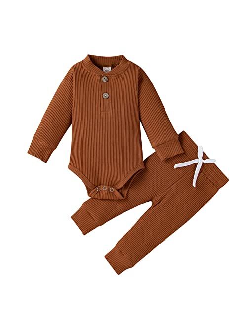 Ma&Baby Newborn Baby Boy Girl Clothes Ribbed Knitted Cotton Long Sleeve Romper Long Pants Solid Color Fall Winter Outfits