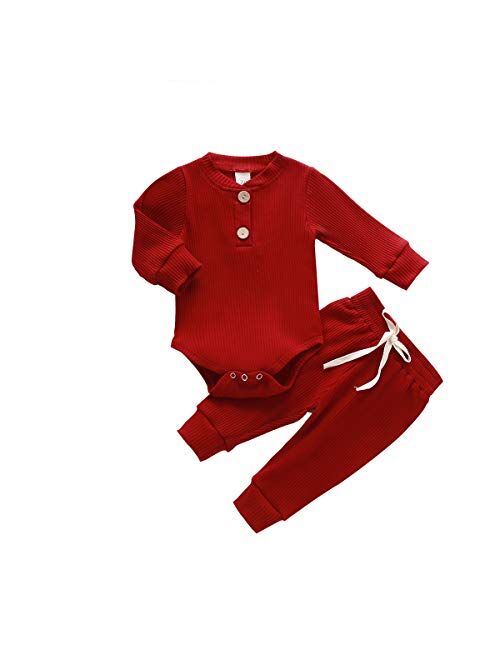 Ma&Baby Newborn Baby Boy Girl Clothes Ribbed Knitted Cotton Long Sleeve Romper Long Pants Solid Color Fall Winter Outfits