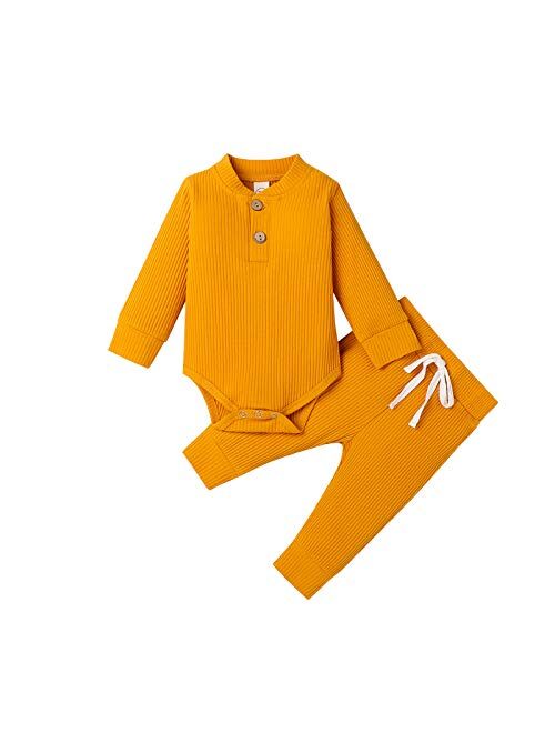 Ma&Baby Newborn Baby Boy Girl Clothes Ribbed Knitted Cotton Long Sleeve Romper Long Pants Solid Color Fall Winter Outfits