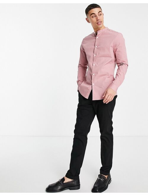 ASOS DESIGN Valentien skinny fit shirt with grandad collar in pink