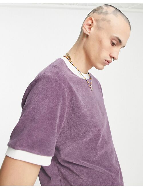 ASOS DESIGN Valentine T-shirt in purple terrycloth with contrast neck and cuffs