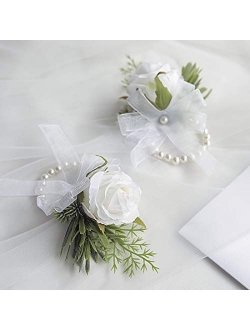 Floroom Ivory Rose Wrist Corsage Wristlet Band Bracelet and Men Boutonniere Set for White Wedding Flowers Accessories Prom Suit Decorations