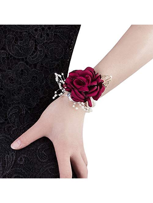 Crownguide Rose Wedding Wrist Boutonniere Corsage Set Fake Flower Bridal Corsage Bracelet for Bridesmaid Décor Womens