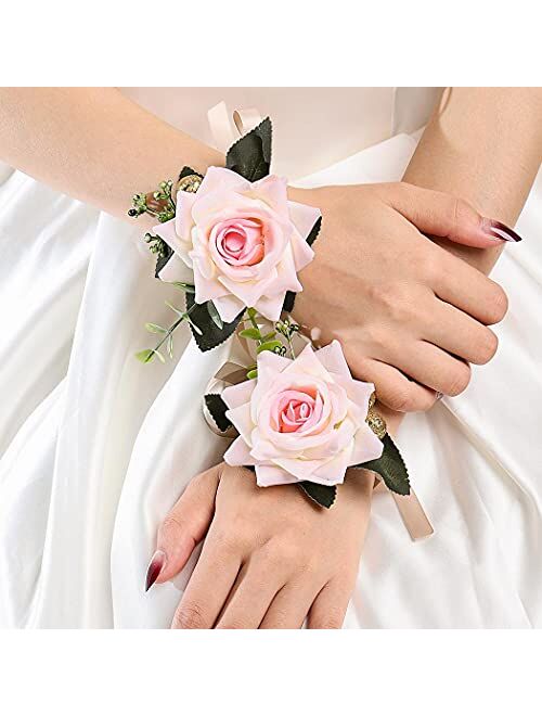 Campsis 2PCS Wrist Flower Corsage Champagne Handmade Ribbon Rose Hand Flower Bridal Leaves Wristlet Wedding Prom Party Beach Festival Photography for Women and Girls