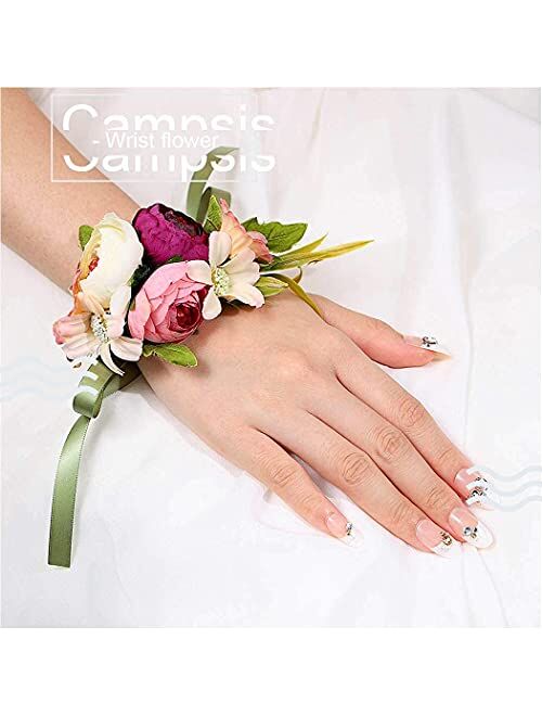 Campsis Wedding Wrist Flower Corsage Hand Flowers Bracelet Party Prom for Bride and Bridesmaid (Pink Purple White)