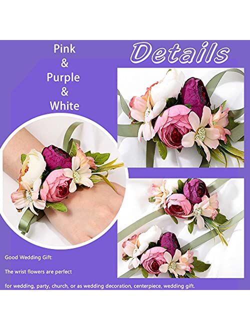 Campsis Wedding Wrist Flower Corsage Hand Flowers Bracelet Party Prom for Bride and Bridesmaid (Pink Purple White)