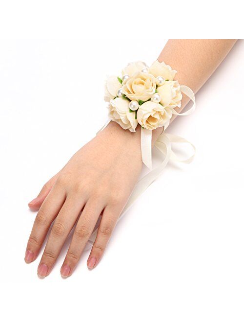 FAYBOX Girl Bridesmaid Wedding Wrist Corsage Party Prom Hand Flower Decor Pack of 2 Champagne