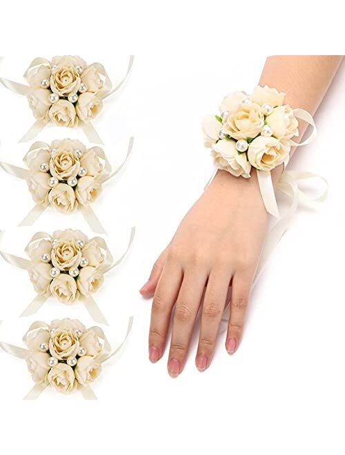 FAYBOX Girl Bridesmaid Wedding Wrist Corsage Party Prom Hand Flower Decor Pack of 2 Champagne