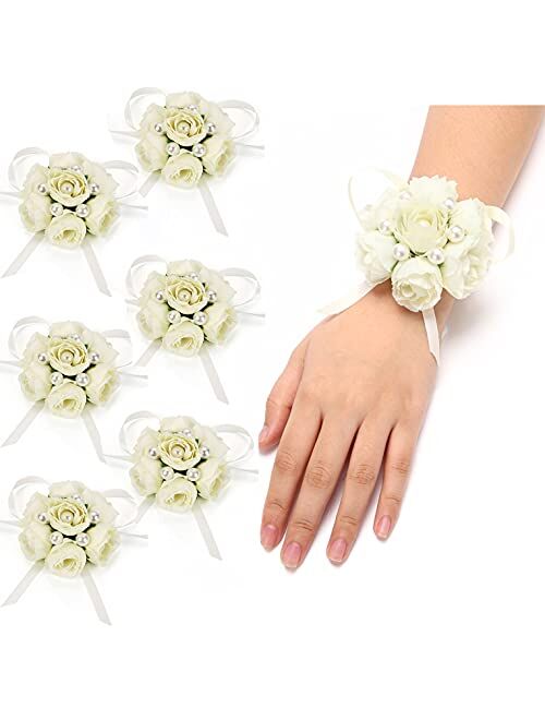 FAYBOX Girl Bridesmaid Wedding Wrist Corsage Party Prom Hand Flower Decor Pack of 2 Champagne