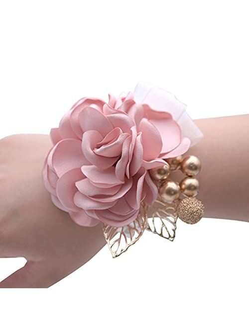 Skydume Snadulor 1 Pcs Artificial Flower Bride and Bridesmaid Wrist Corsage Bracelet,Used for Wedding,Bridal Shower,Party,Wedding Anniversary(Champagne Pink), one size