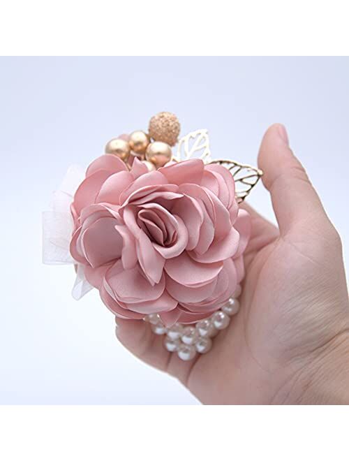 Skydume Snadulor 1 Pcs Artificial Flower Bride and Bridesmaid Wrist Corsage Bracelet,Used for Wedding,Bridal Shower,Party,Wedding Anniversary(Champagne Pink), one size