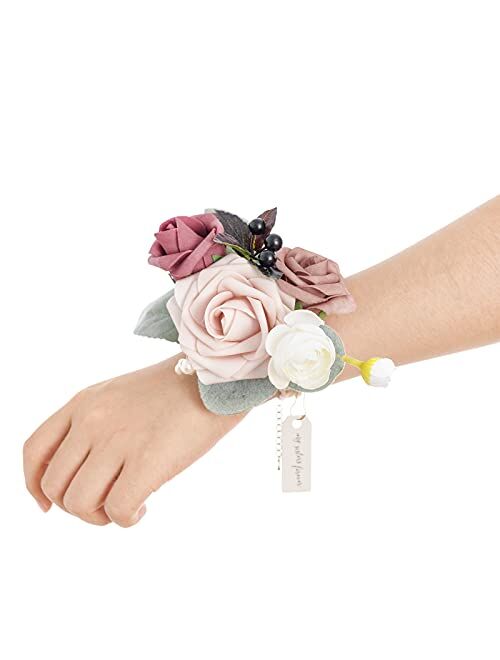 Ling's moment Set of 6 Dusty Blue Wrist & Shoulder Corsage for Wedding Ceremony for Bridesmaid Mother Grandmother for Bridal Shower Wedding Artificial Flower Prom