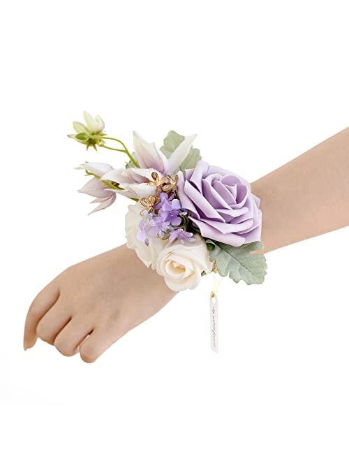 Ling's moment Set of 6 Dusty Blue Wrist & Shoulder Corsage for Wedding Ceremony for Bridesmaid Mother Grandmother for Bridal Shower Wedding Artificial Flower Prom