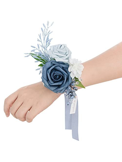 Ling's moment Set of 6 Dusty Blue Wrist & Shoulder Corsage for Wedding Ceremony for Bridesmaid Mother Grandmother for Bridal Shower Wedding Artificial Flower Prom