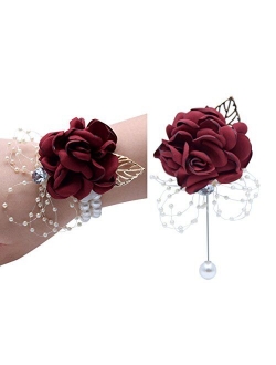 Florashop Satin Rose Wedding Bridal Corsage Bridesmaid Wrist Flower Corsage Flowers Pearl Bead Wristband for Wedding Prom Party