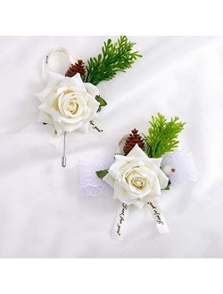 Campsis Wedding Wrist Corsage and Boutonniere Set Wristband Buttonholes Wedding Flowers Prom Suit Decoration for Groom Groomsman Best Man and Girl Brides (Dark Blue)