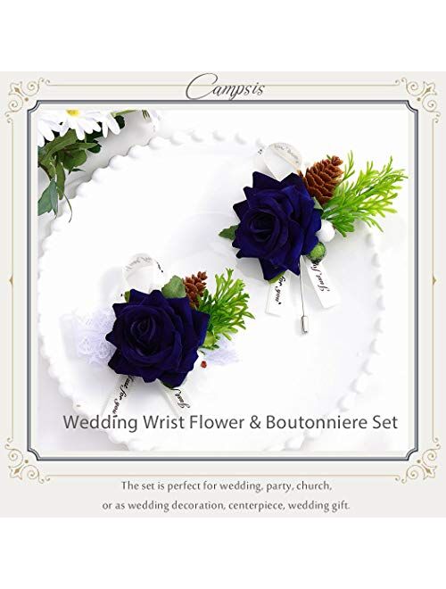 Campsis Wedding Wrist Corsage and Boutonniere Set Wristband Buttonholes Wedding Flowers Prom Suit Decoration for Groom Groomsman Best Man and Girl Brides (Dark Blue)