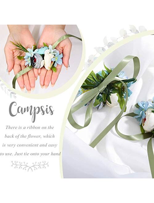 Campsis Wedding Wrist Corsage Bridal Wrist Flower Bride Hand Flower Decor for Bridesmaid Prom Party Homecoming 2 Pcs (Blue Camellia)