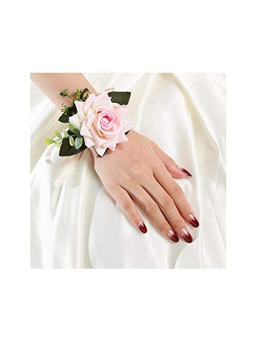 Campsis Wedding Wrist Corsage Bridal Wrist Flower Bride Hand Flower Decor for Bridesmaid Prom Party Homecoming 2 Pcs (Blue Camellia)