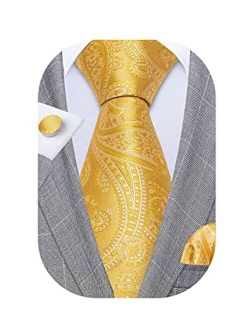 Barry.Wang Men Tie Set Paisley Solid Silk Necktie Pocket Square Cufflinks Extra Long Tie Formal Wedding