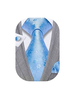 Barry.Wang Men Tie Set Paisley Solid Silk Necktie Pocket Square Cufflinks Extra Long Tie Formal Wedding