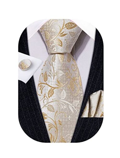 Barry.Wang Men Tie Set Paisley Solid Silk Necktie Pocket Square Cufflinks Extra Long Tie Formal Wedding