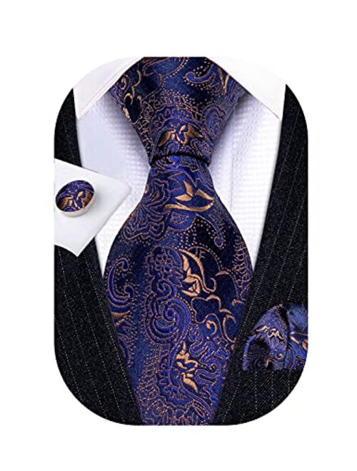 Barry.Wang Men Tie Set Paisley Solid Silk Necktie Pocket Square Cufflinks Extra Long Tie Formal Wedding