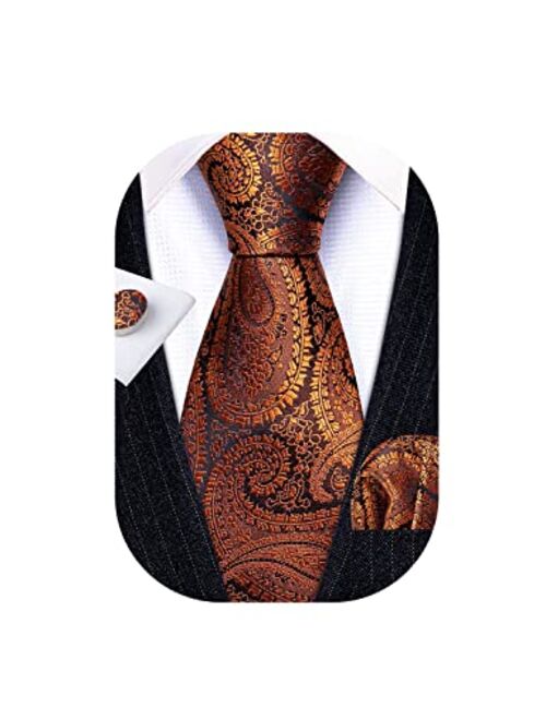 Barry.Wang Men Tie Set Paisley Solid Silk Necktie Pocket Square Cufflinks Extra Long Tie Formal Wedding