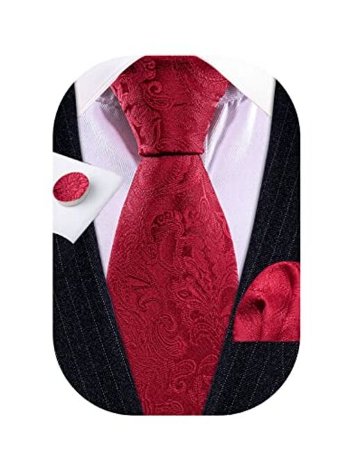 Barry.Wang Men Tie Set Paisley Solid Silk Necktie Pocket Square Cufflinks Extra Long Tie Formal Wedding