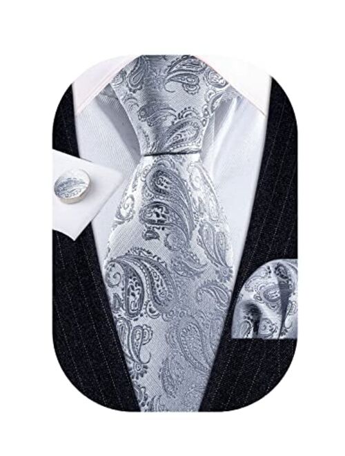 Barry.Wang Men Tie Set Paisley Solid Silk Necktie Pocket Square Cufflinks Extra Long Tie Formal Wedding