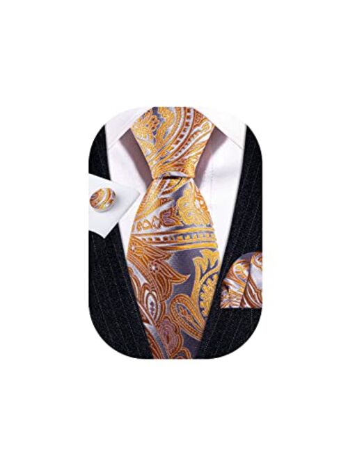 Barry.Wang Men Tie Set Paisley Solid Silk Necktie Pocket Square Cufflinks Extra Long Tie Formal Wedding