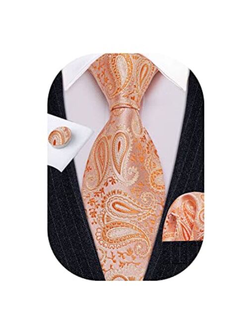 Barry.Wang Men Tie Set Paisley Solid Silk Necktie Pocket Square Cufflinks Extra Long Tie Formal Wedding