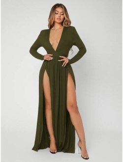 SXY Plunging Neck High Split Dress