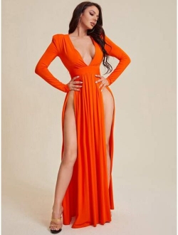 SXY Plunging Neck High Split Dress