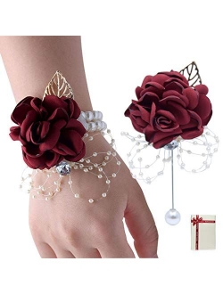 Veido Wrist Corsage Rose Flower Brooch for Wedding Party Prom Wristband Flower Set (Bluish Grey)