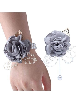 Veido Wrist Corsage Rose Flower Brooch for Wedding Party Prom Wristband Flower Set (Bluish Grey)